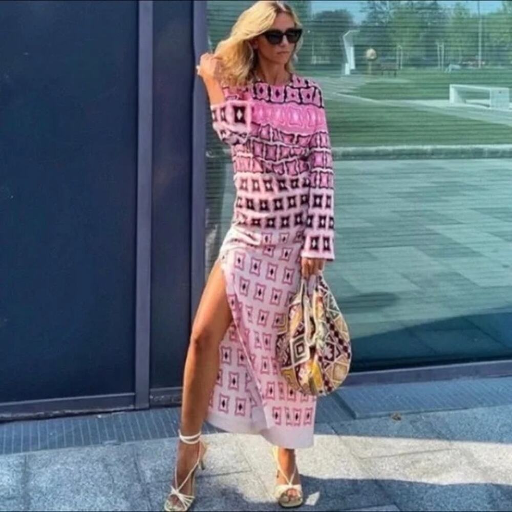 Zara Pink Geometric Print Long Sleeve Resort Travel Vacation Maxi Dress XS NWT - Picture 2 of 13